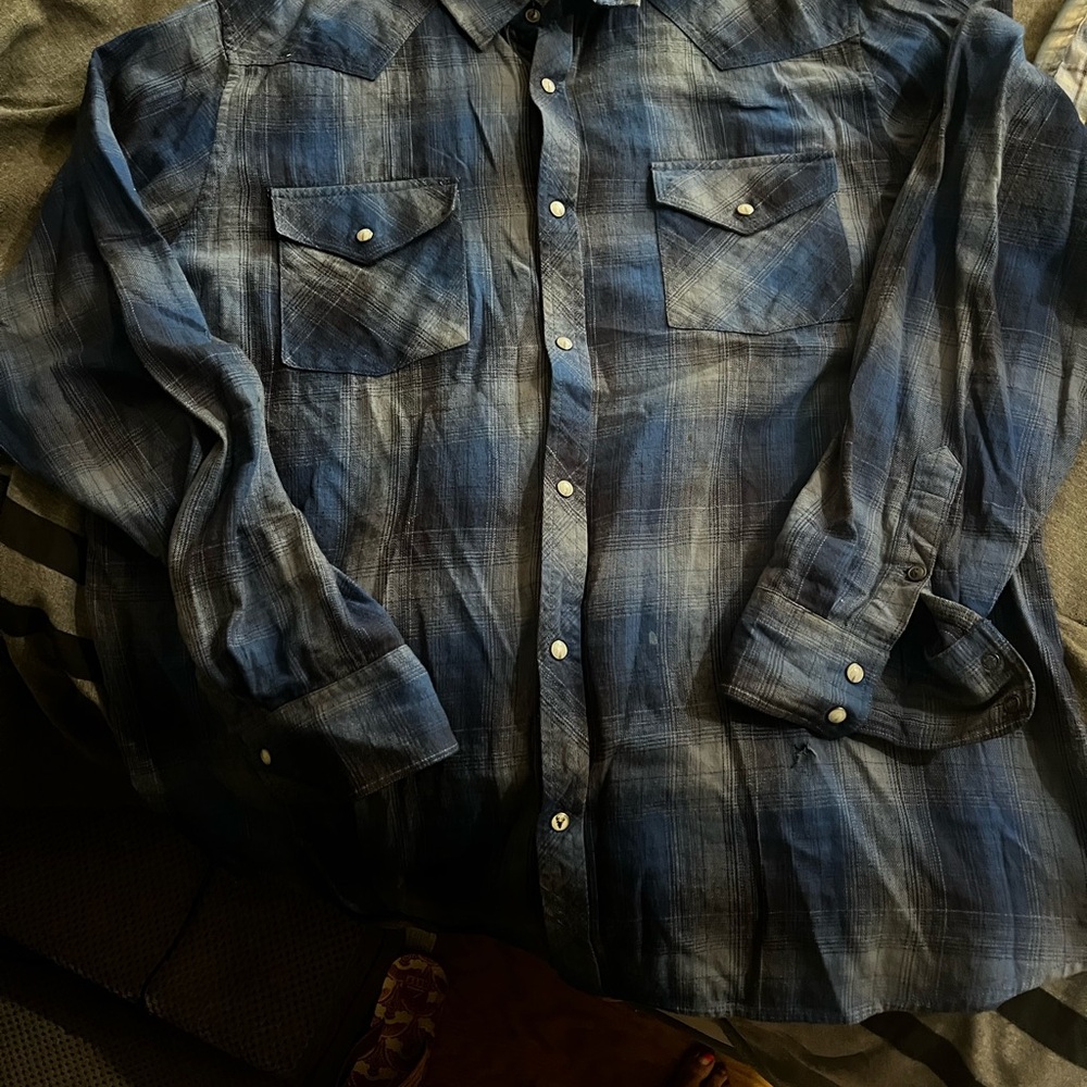 Blue Casual Button Down Shirt with Plaid Pattern